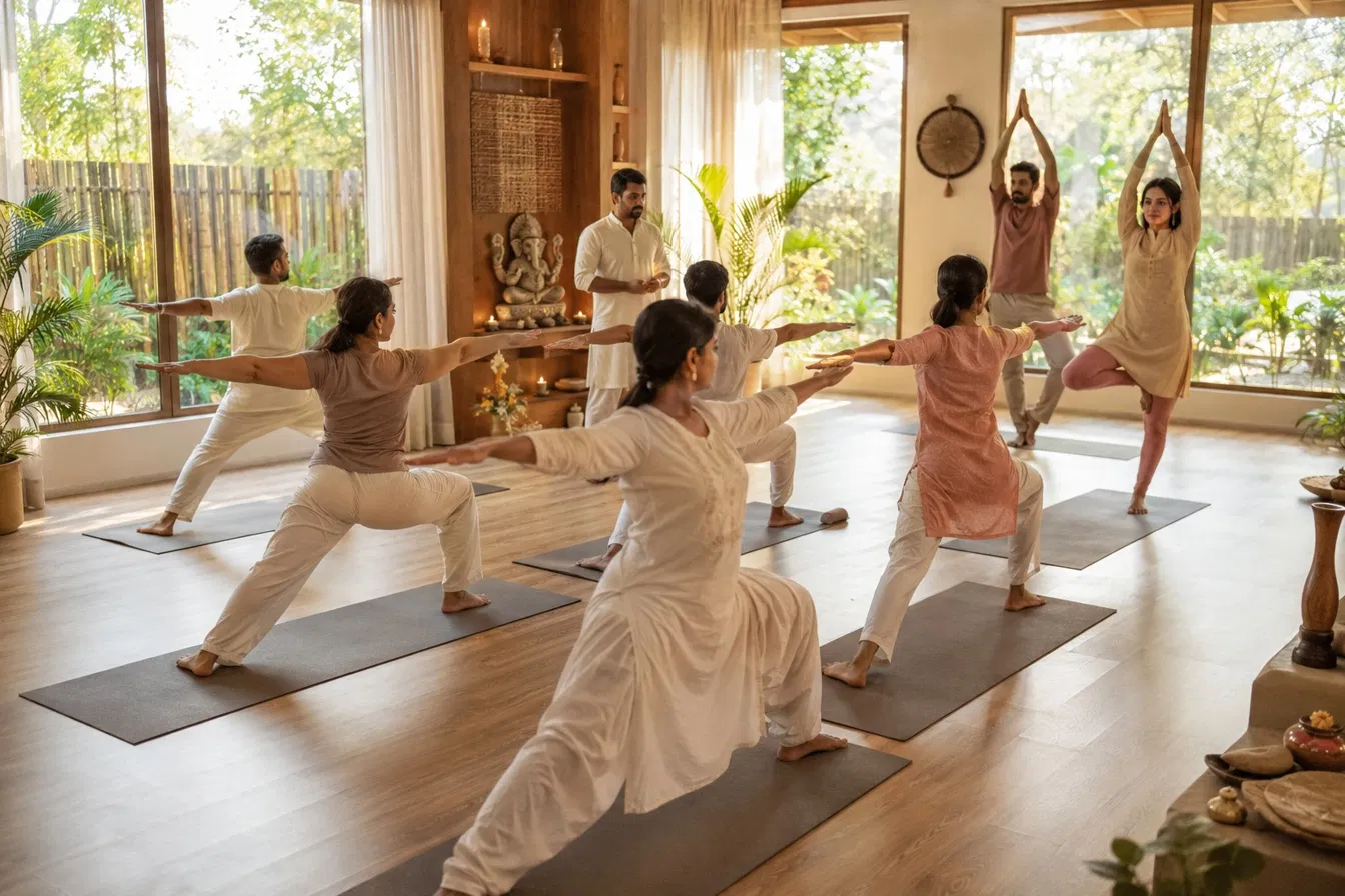 Students practising warrior pose in the sunlit Yogisnest studio in Virar